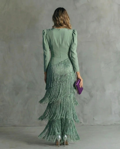 CLARA-Vestido elegante con mangas de flecos