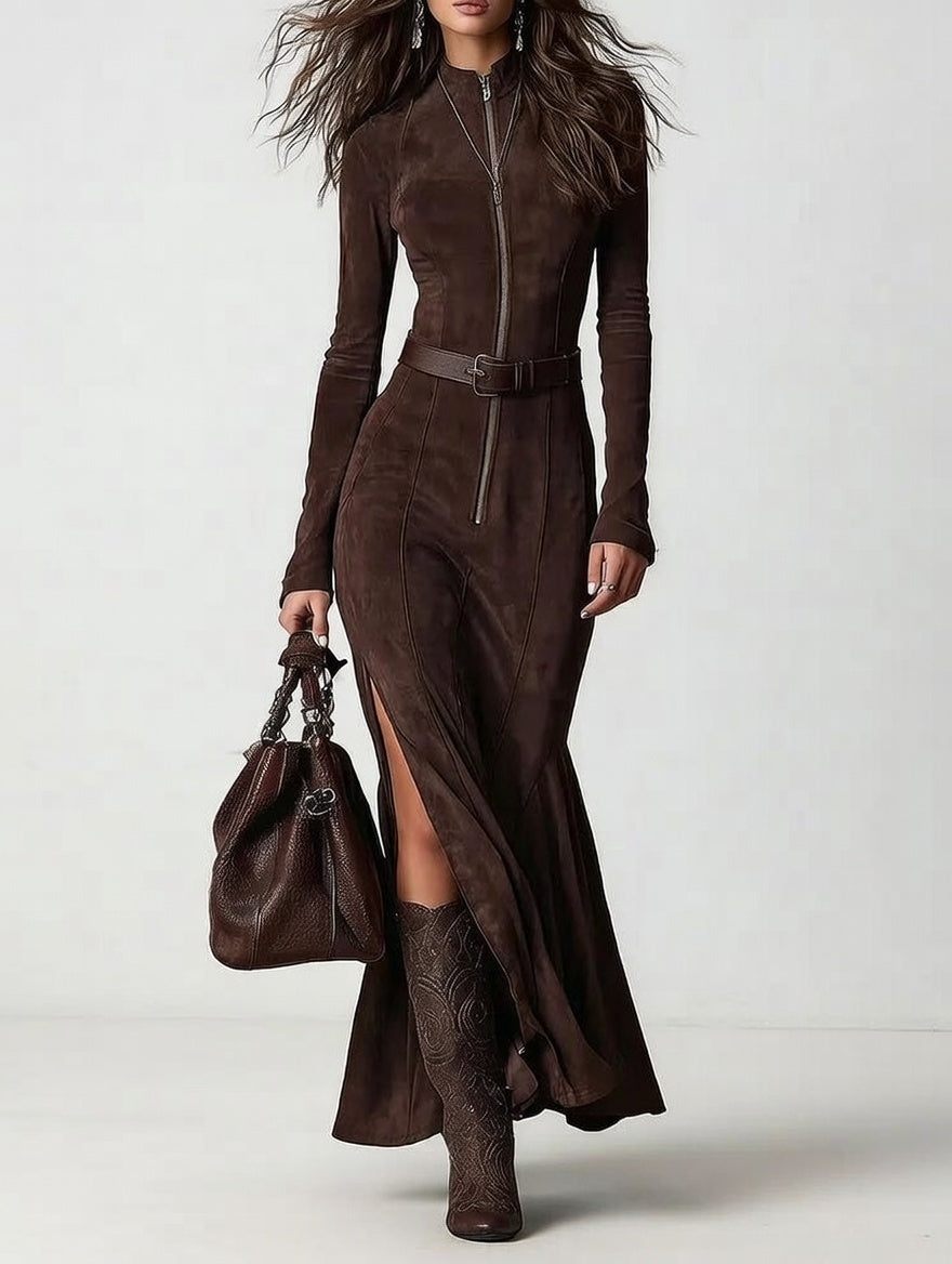 ALMA-Vestido largo marrón con cinturón