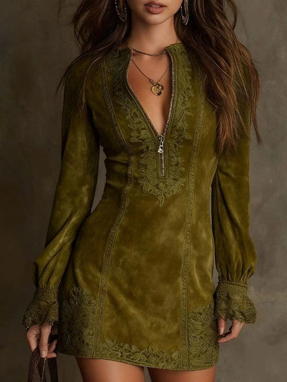 BLUEVA-Vestido Vintage de ante con encaje