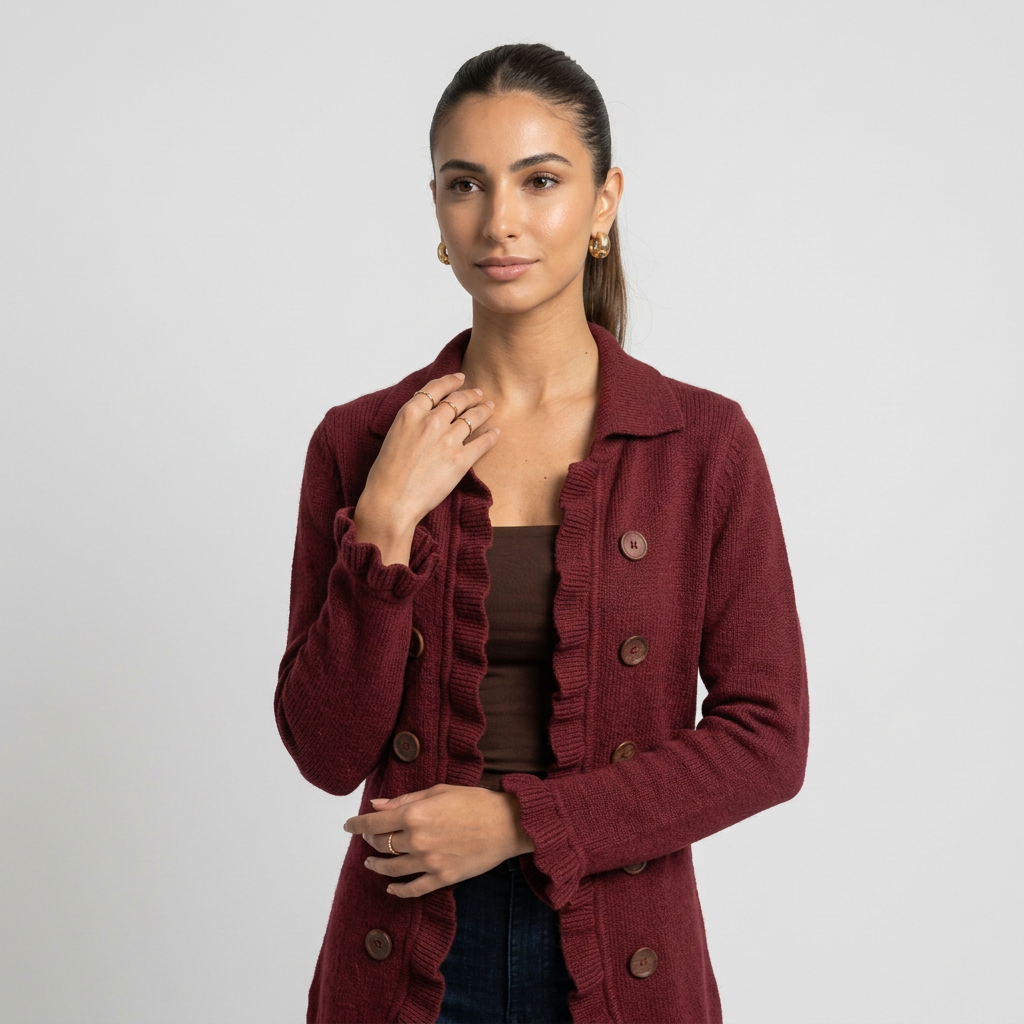 DOLORES -Chaqueta de Punto Rojo Rubí con Volantes