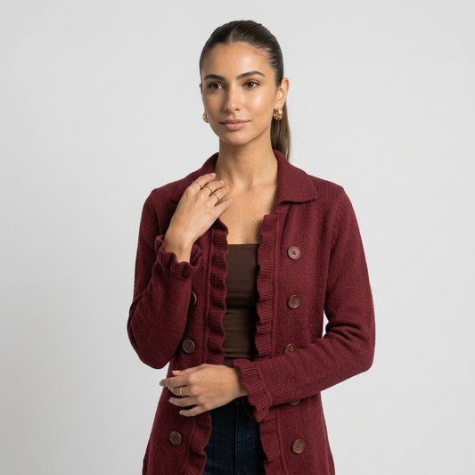 DOLORES -Chaqueta de Punto Rojo Rubí con Volantes