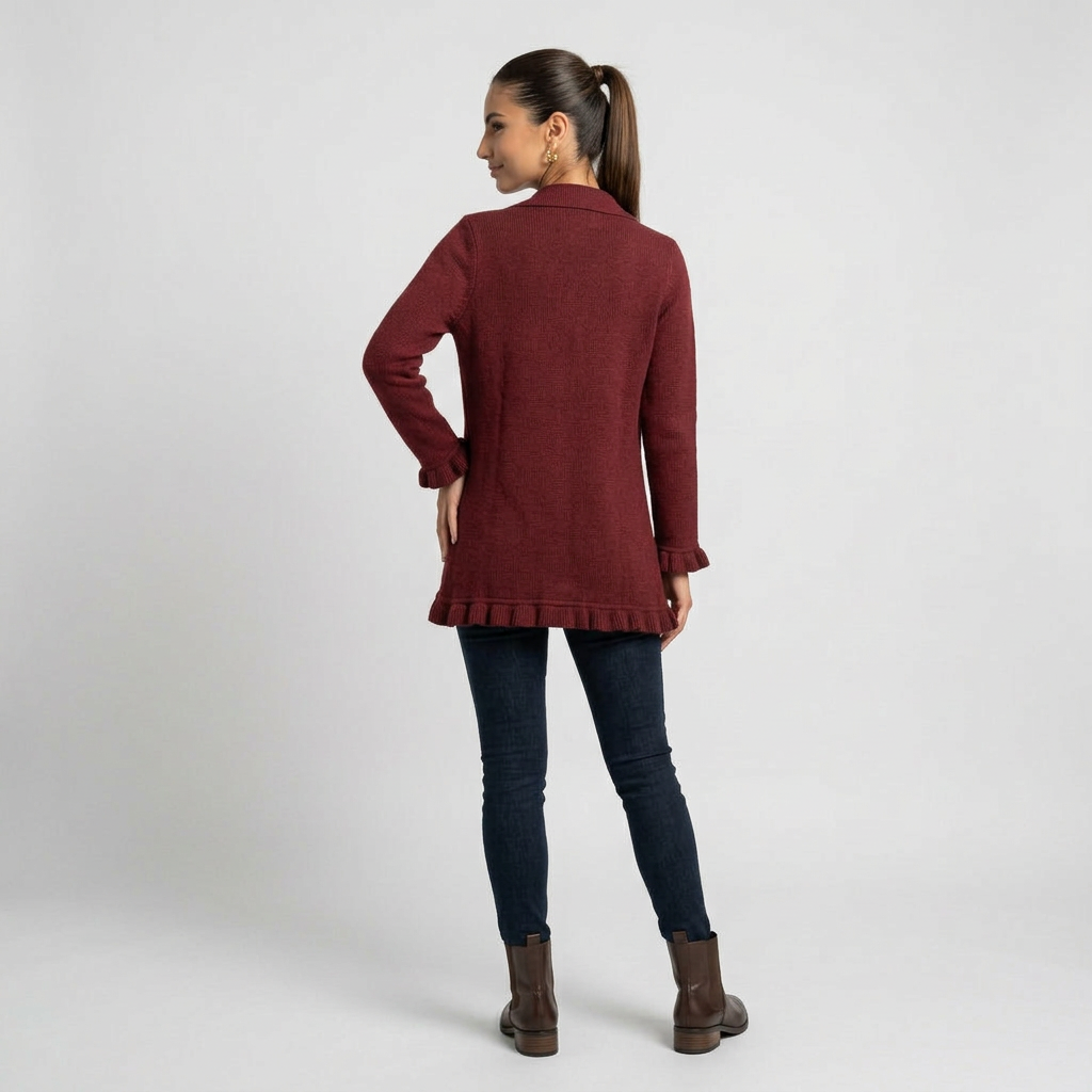 DOLORES -Chaqueta de Punto Rojo Rubí con Volantes