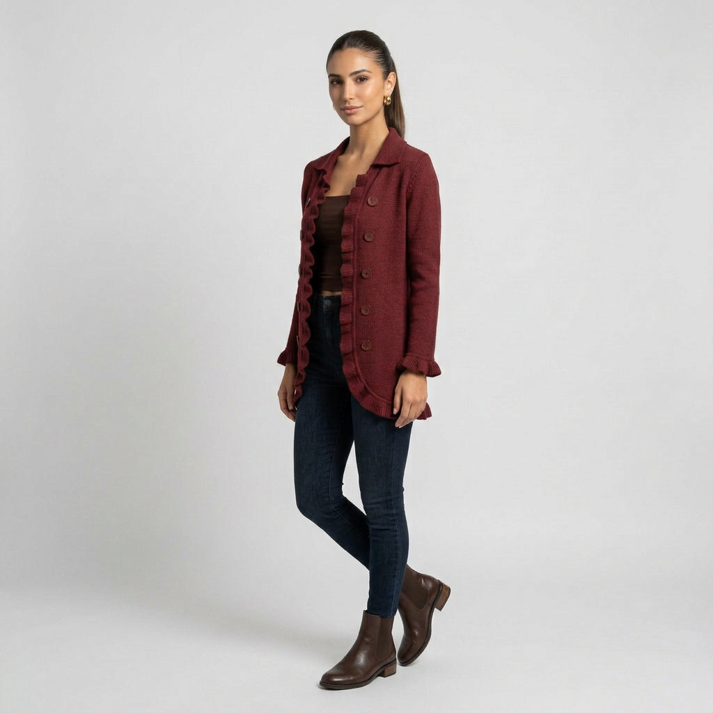 DOLORES -Chaqueta de Punto Rojo Rubí con Volantes
