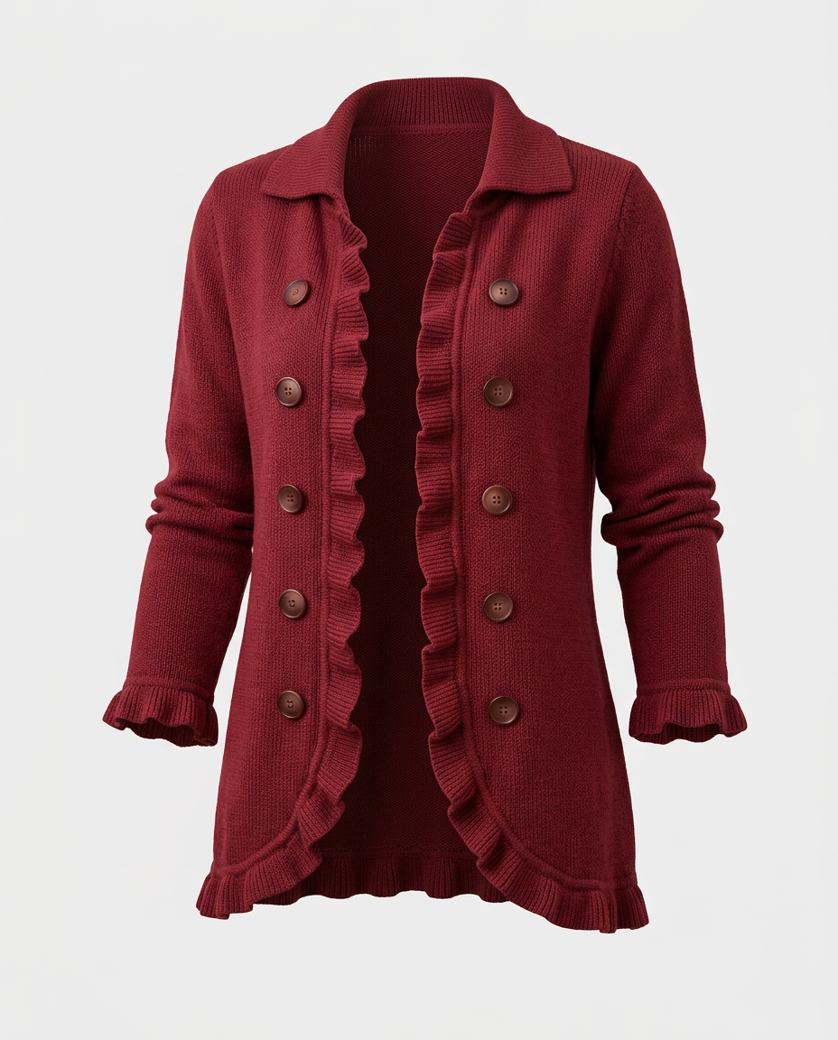 DOLORES -Chaqueta de Punto Rojo Rubí con Volantes