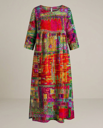 MANUELA- Vestido Denim con Patchwork Étnico