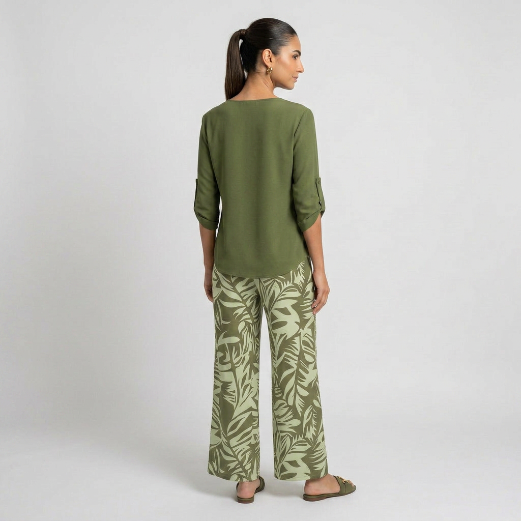 Leire-Conjunto de mujer blusa con cuello en V y pantalones estampados de corte ancho