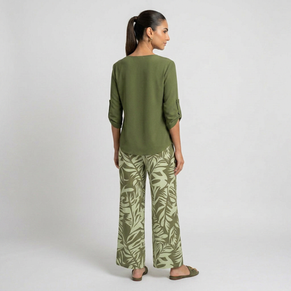 Leire-Conjunto de mujer blusa con cuello en V y pantalones estampados de corte ancho