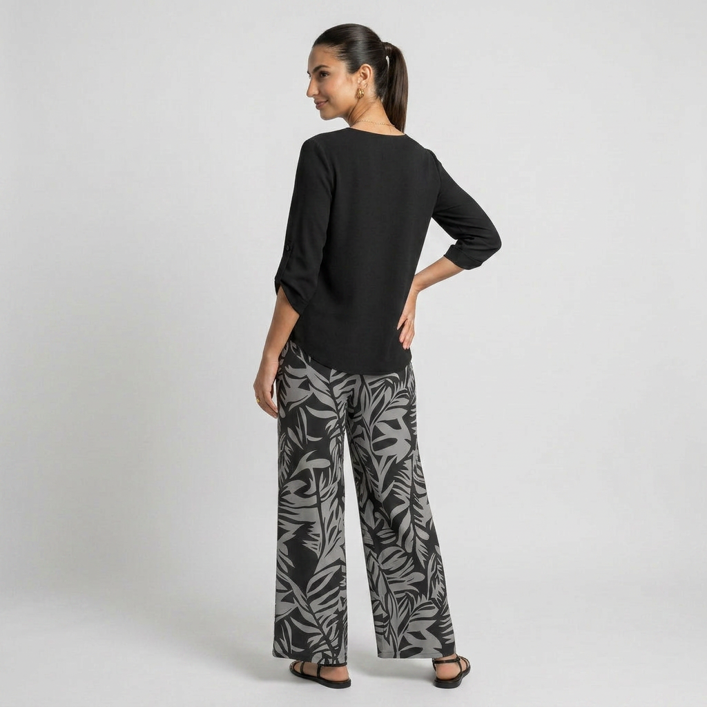 Leire-Conjunto de mujer blusa con cuello en V y pantalones estampados de corte ancho
