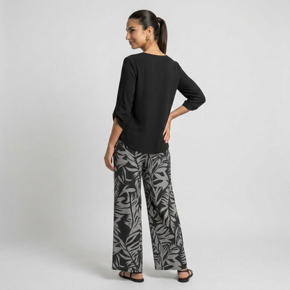 Leire-Conjunto de mujer blusa con cuello en V y pantalones estampados de corte ancho