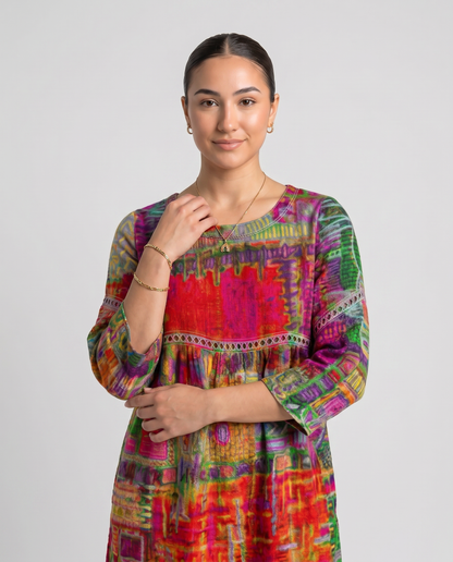 MANUELA- Vestido Denim con Patchwork Étnico