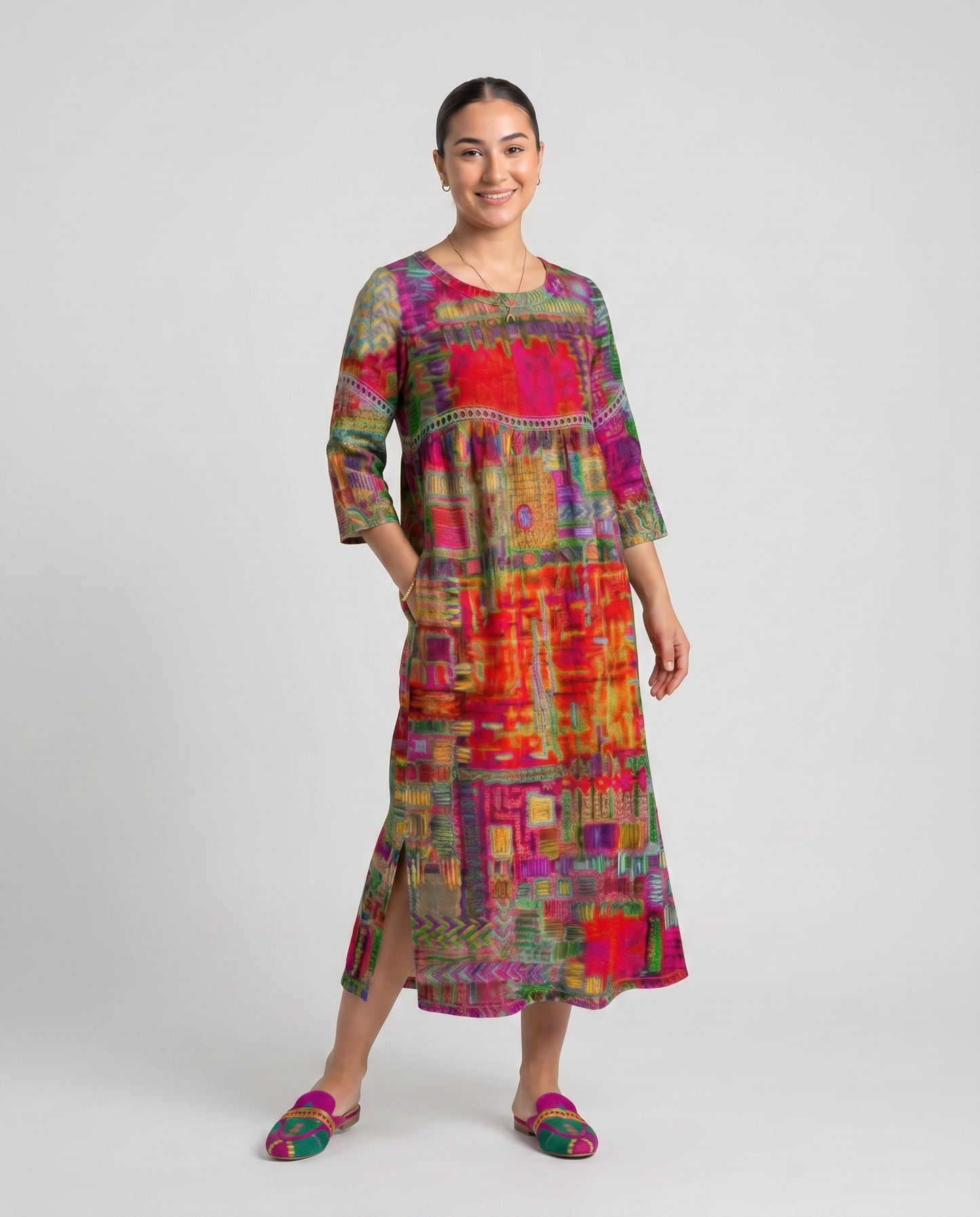 MANUELA- Vestido Denim con Patchwork Étnico