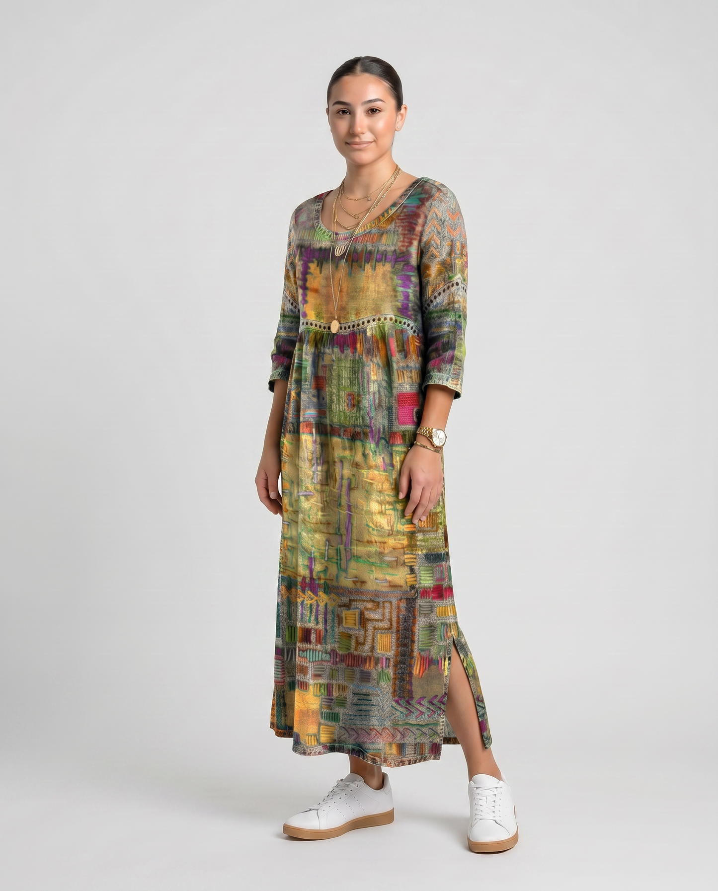 MANUELA- Vestido Denim con Patchwork Étnico