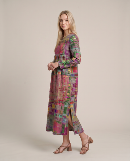 MANUELA- Vestido Denim con Patchwork Étnico