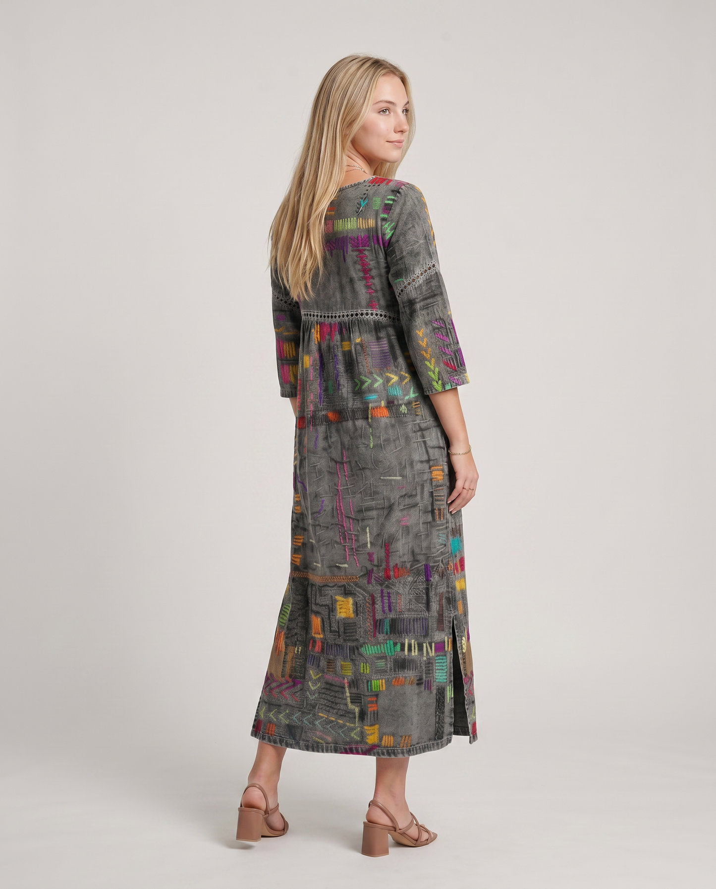 MANUELA- Vestido Denim con Patchwork Étnico
