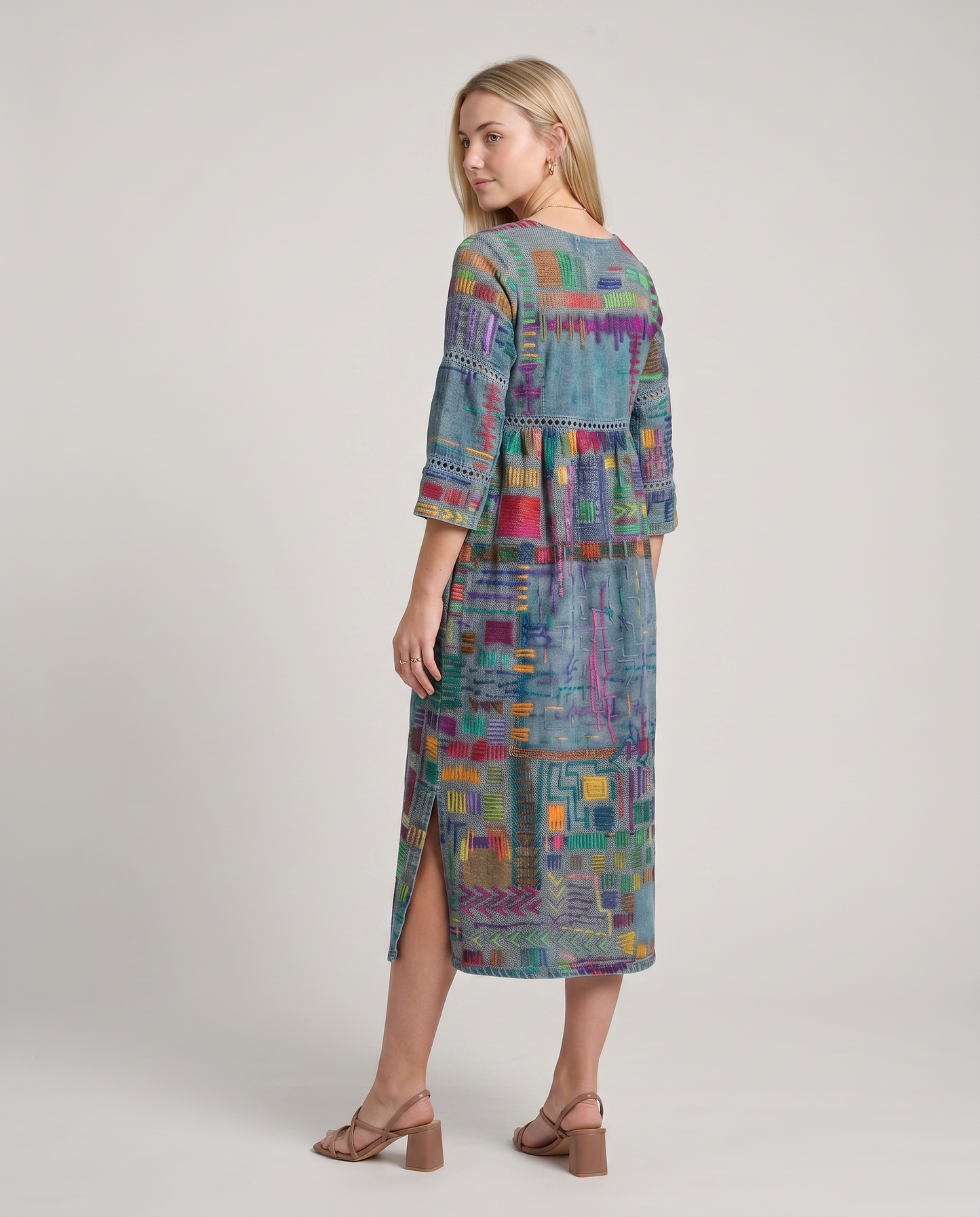 MANUELA- Vestido Denim con Patchwork Étnico