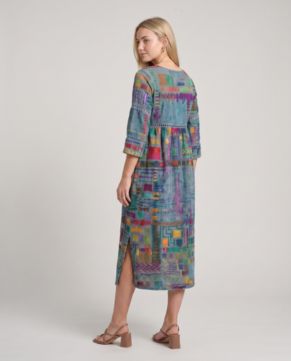 MANUELA- Vestido Denim con Patchwork Étnico