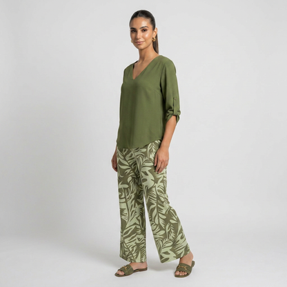 Leire-Conjunto de mujer blusa con cuello en V y pantalones estampados de corte ancho