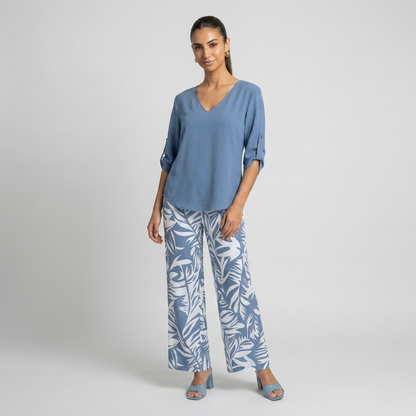 Leire-Conjunto de mujer blusa con cuello en V y pantalones estampados de corte ancho