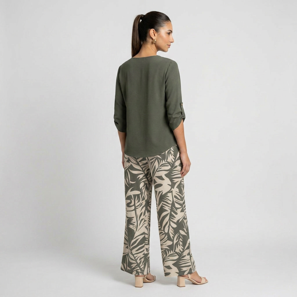 Leire-Conjunto de mujer blusa con cuello en V y pantalones estampados de corte ancho