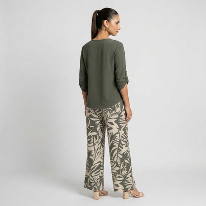 Leire-Conjunto de mujer blusa con cuello en V y pantalones estampados de corte ancho