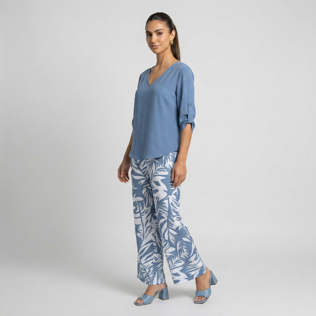 Leire-Conjunto de mujer blusa con cuello en V y pantalones estampados de corte ancho
