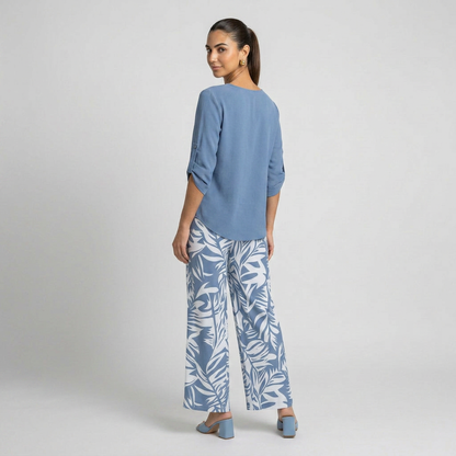Leire-Conjunto de mujer blusa con cuello en V y pantalones estampados de corte ancho