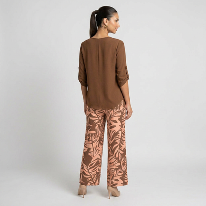 Leire-Conjunto de mujer blusa con cuello en V y pantalones estampados de corte ancho