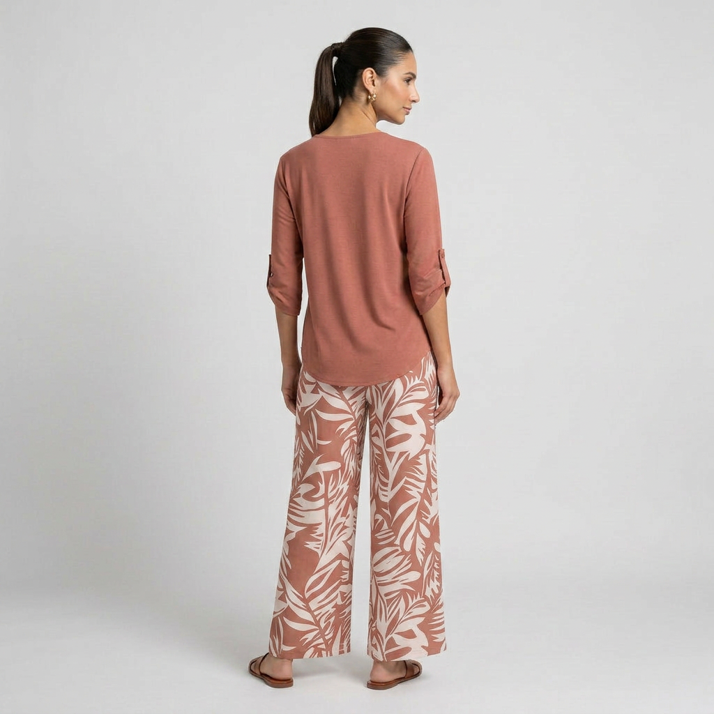Leire-Conjunto de mujer blusa con cuello en V y pantalones estampados de corte ancho