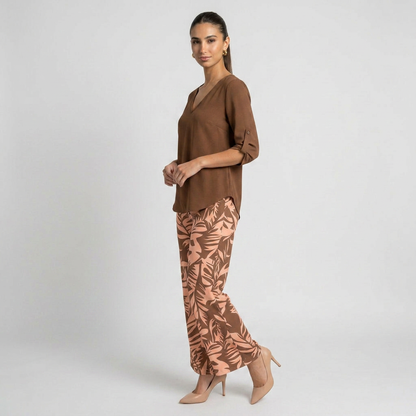 Leire-Conjunto de mujer blusa con cuello en V y pantalones estampados de corte ancho