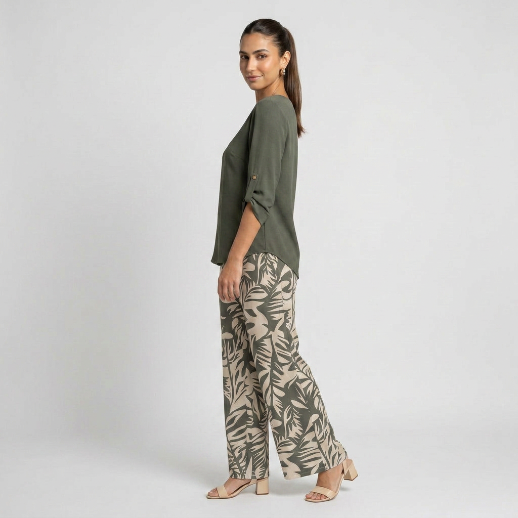 Leire-Conjunto de mujer blusa con cuello en V y pantalones estampados de corte ancho