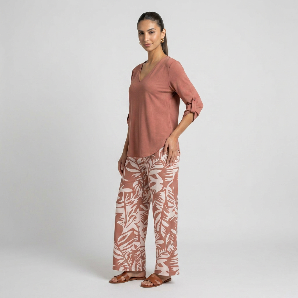 Leire-Conjunto de mujer blusa con cuello en V y pantalones estampados de corte ancho