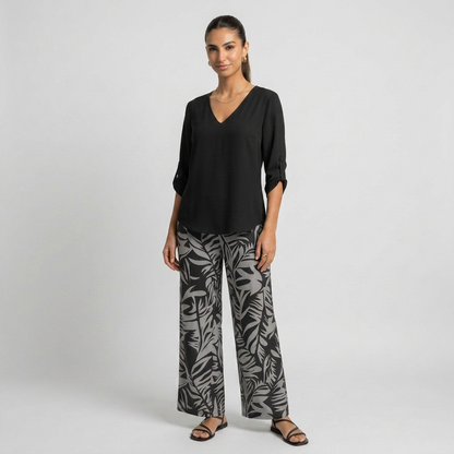 Leire-Conjunto de mujer blusa con cuello en V y pantalones estampados de corte ancho