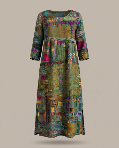 MANUELA- Vestido Denim con Patchwork Étnico
