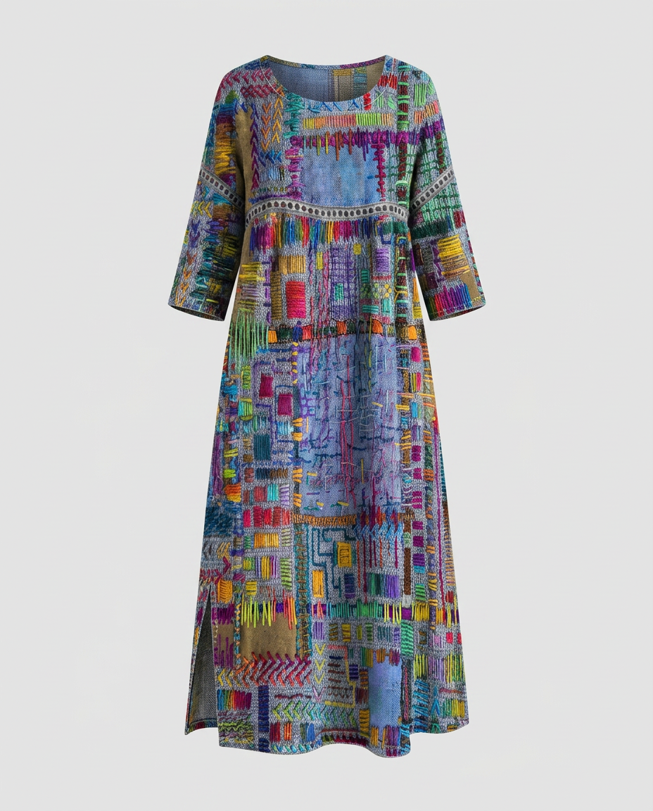 MANUELA- Vestido Denim con Patchwork Étnico
