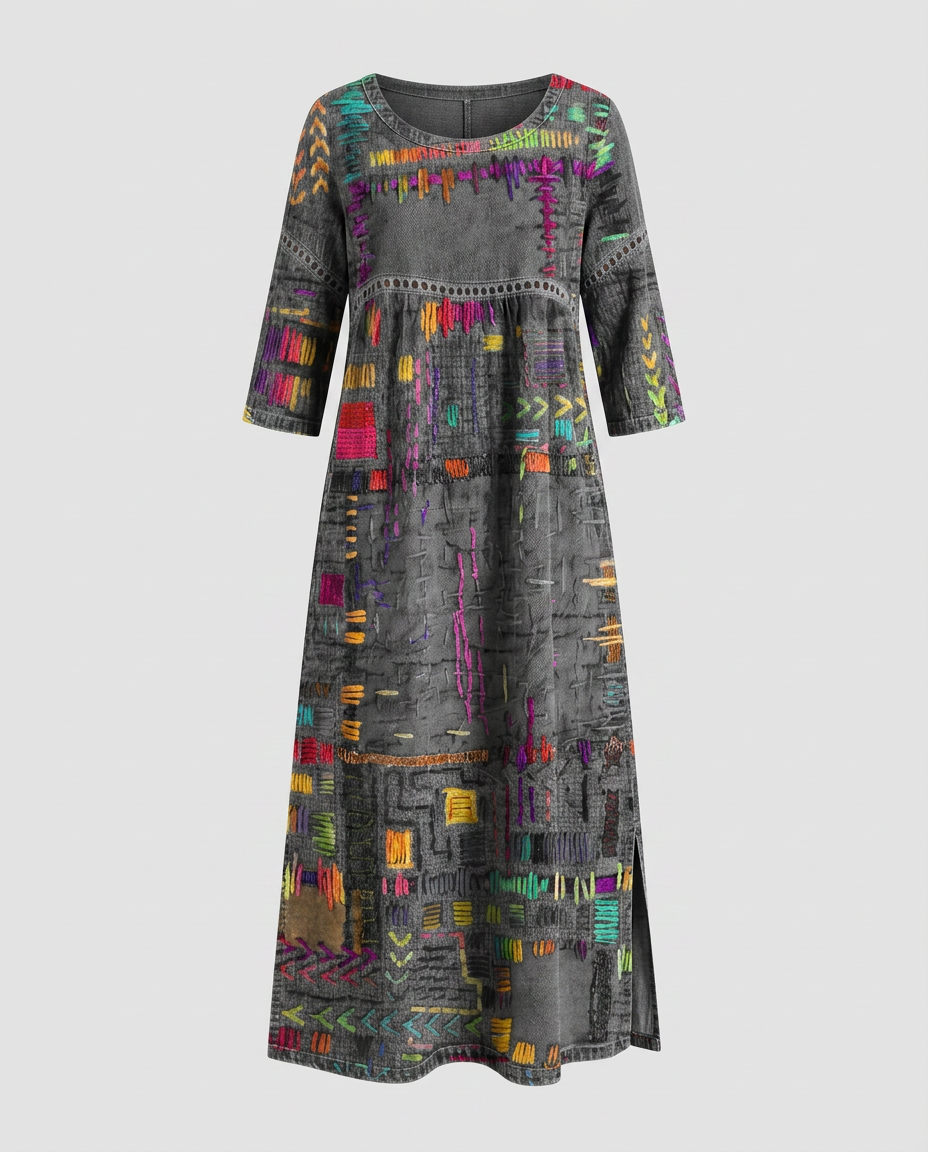 MANUELA- Vestido Denim con Patchwork Étnico
