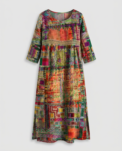MANUELA- Vestido Denim con Patchwork Étnico