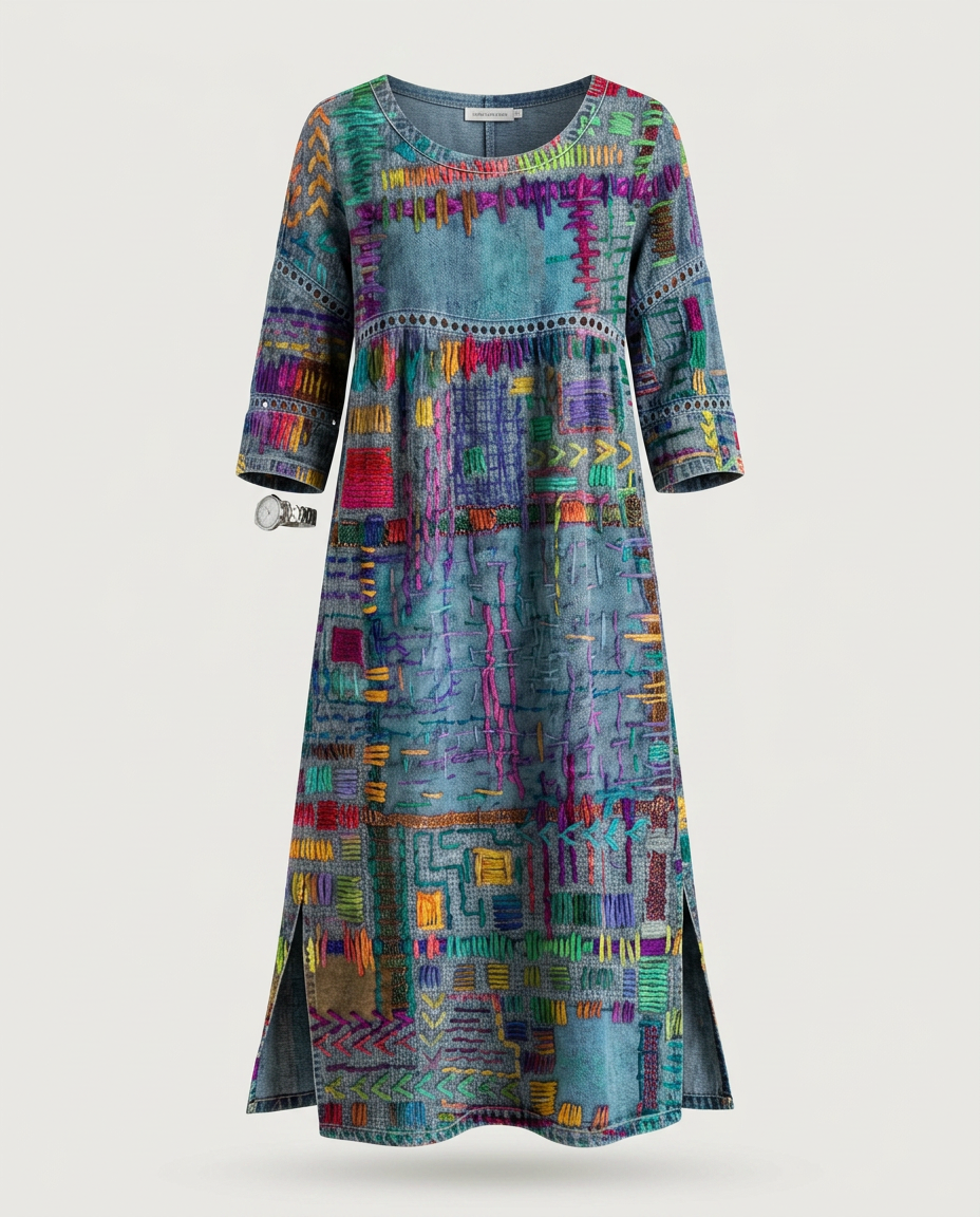 MANUELA- Vestido Denim con Patchwork Étnico