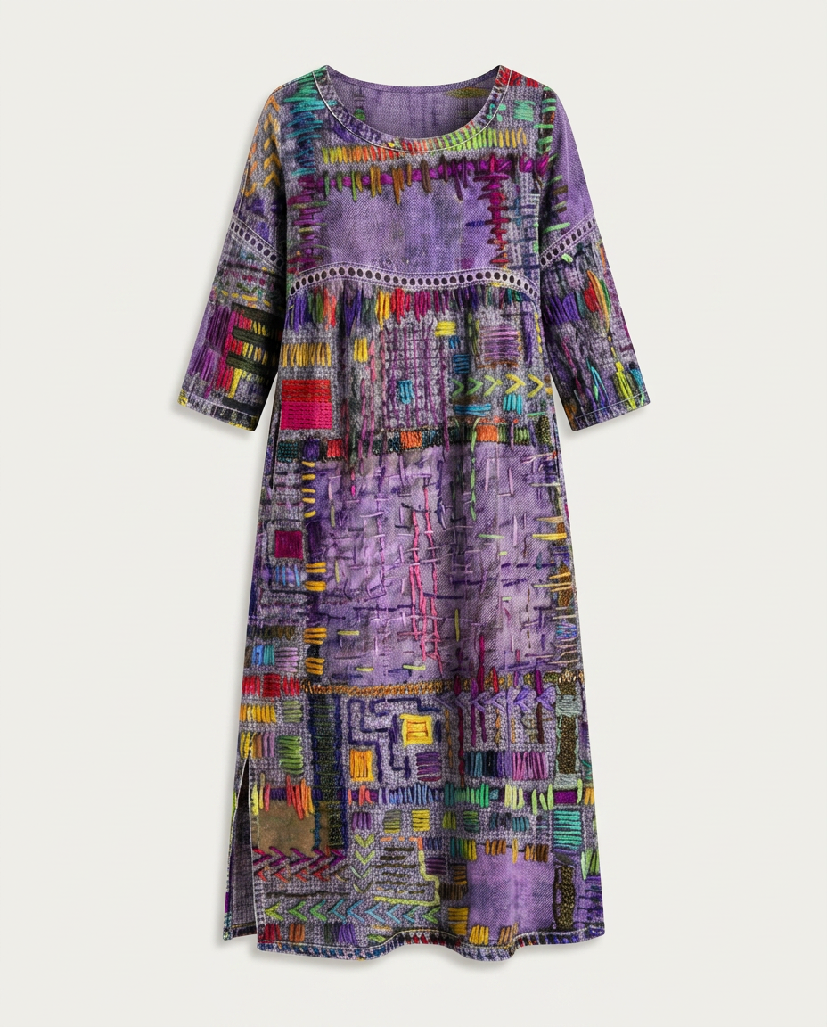 MANUELA- Vestido Denim con Patchwork Étnico