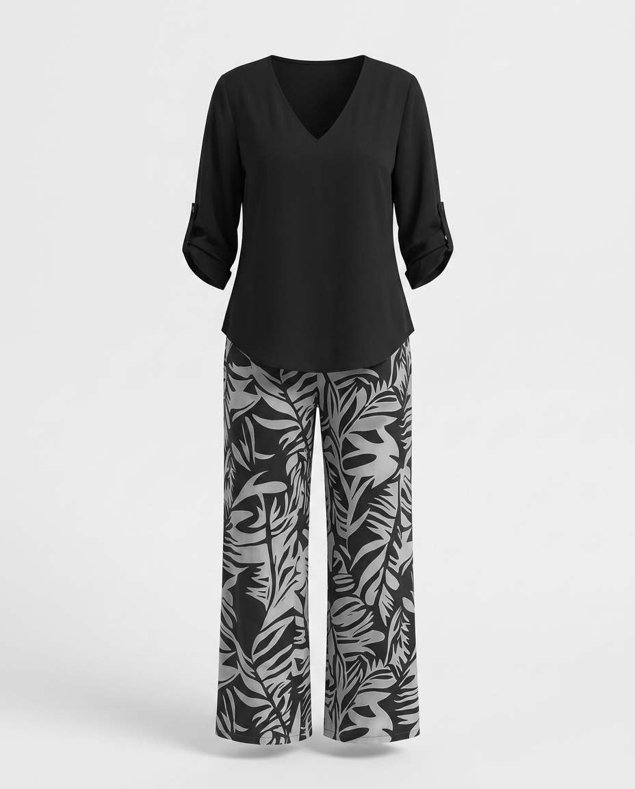 Leire-Conjunto de mujer blusa con cuello en V y pantalones estampados de corte ancho