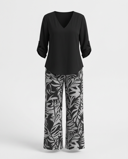 Leire-Conjunto de mujer blusa con cuello en V y pantalones estampados de corte ancho