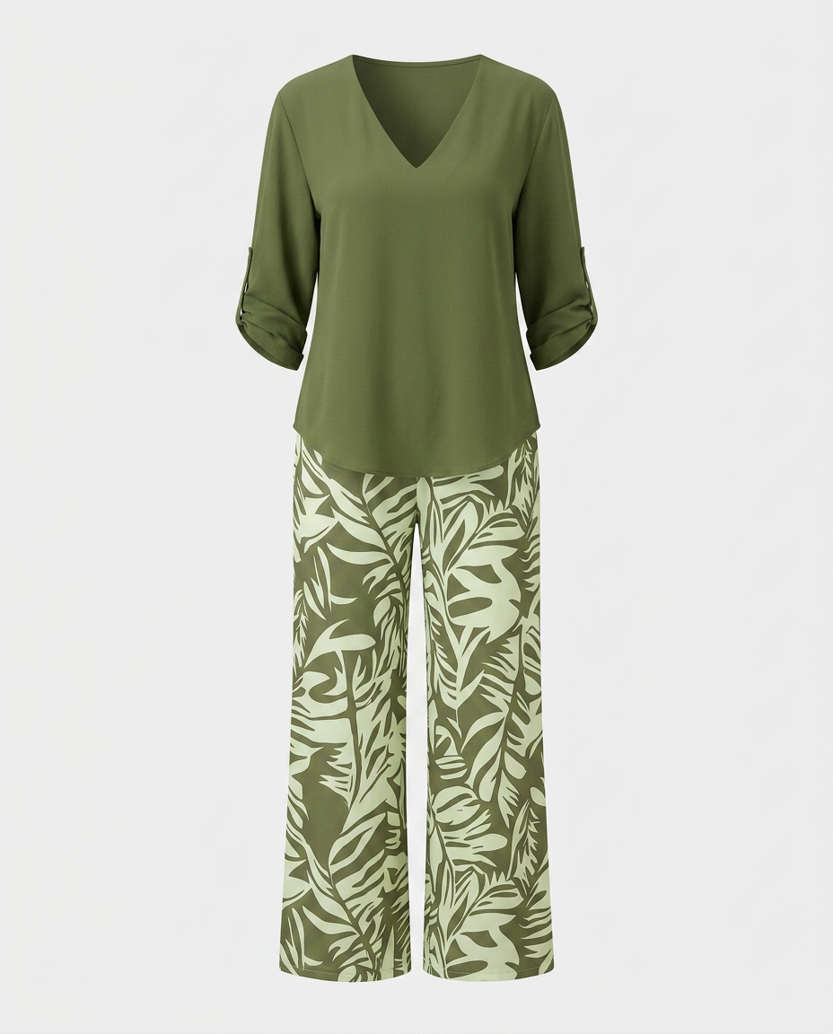Leire-Conjunto de mujer blusa con cuello en V y pantalones estampados de corte ancho