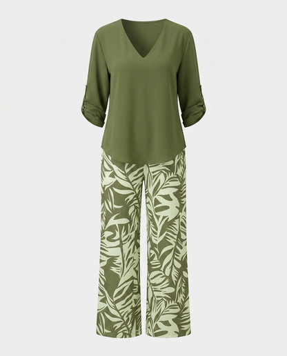 Leire-Conjunto de mujer blusa con cuello en V y pantalones estampados de corte ancho