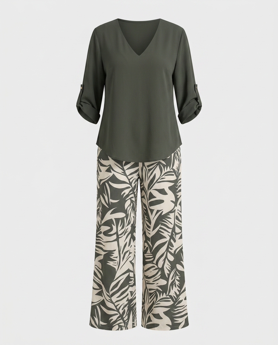 Leire-Conjunto de mujer blusa con cuello en V y pantalones estampados de corte ancho