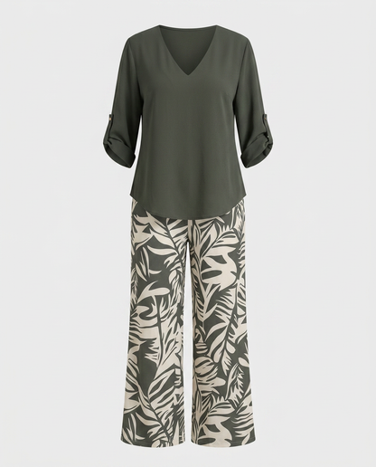 Leire-Conjunto de mujer blusa con cuello en V y pantalones estampados de corte ancho