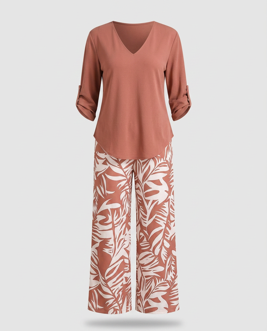 Leire-Conjunto de mujer blusa con cuello en V y pantalones estampados de corte ancho