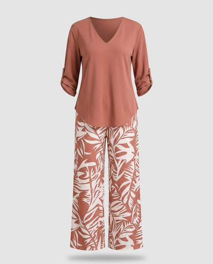 Leire-Conjunto de mujer blusa con cuello en V y pantalones estampados de corte ancho