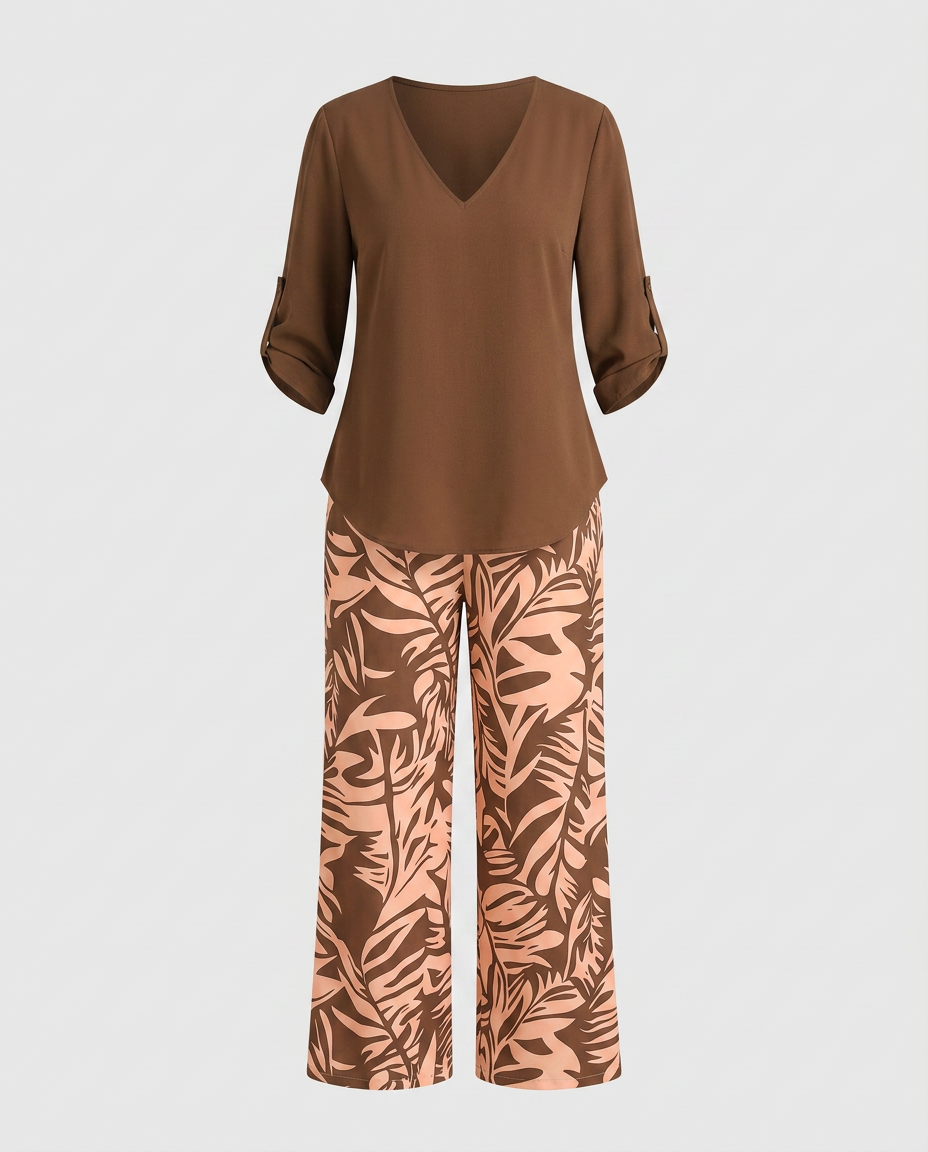 Leire-Conjunto de mujer blusa con cuello en V y pantalones estampados de corte ancho
