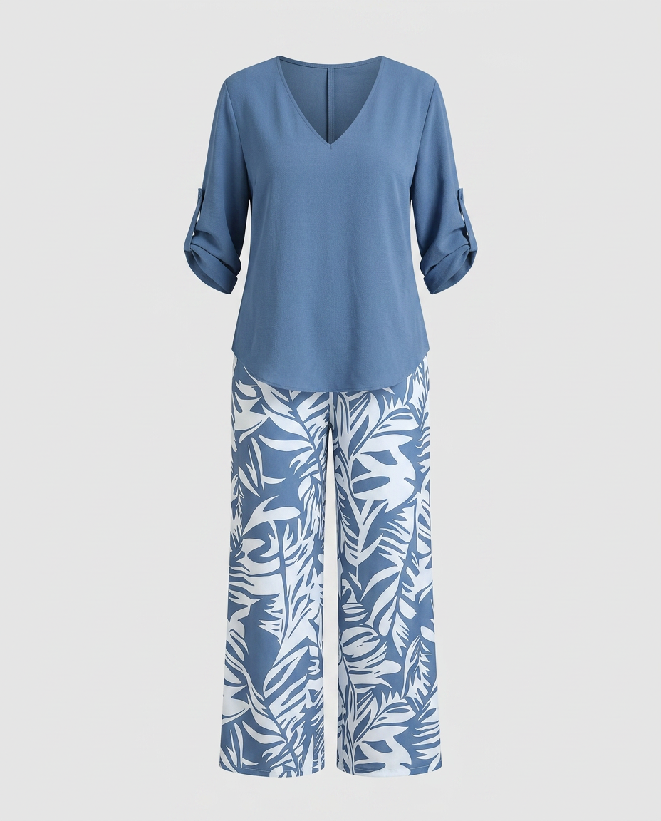 Leire-Conjunto de mujer blusa con cuello en V y pantalones estampados de corte ancho