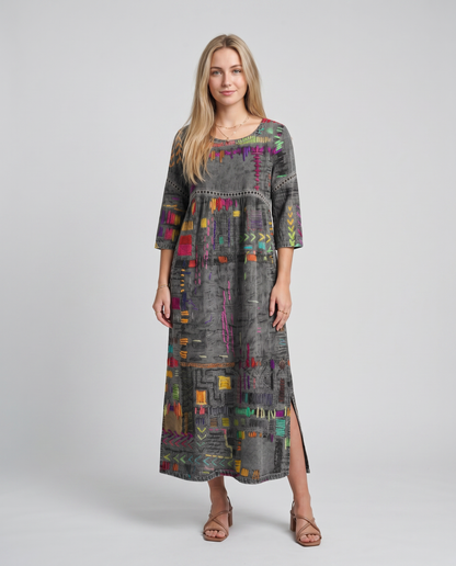 MANUELA- Vestido Denim con Patchwork Étnico