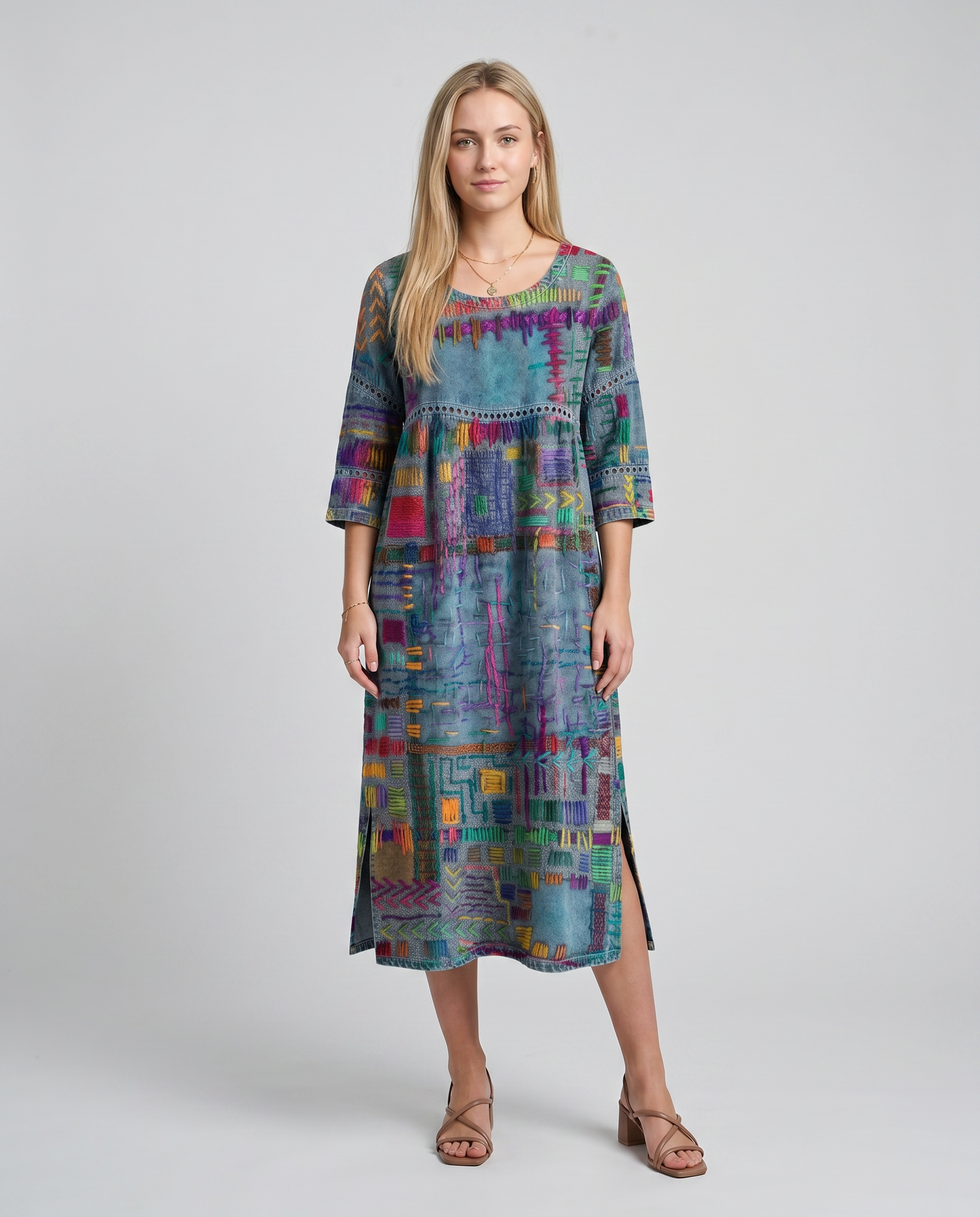MANUELA- Vestido Denim con Patchwork Étnico
